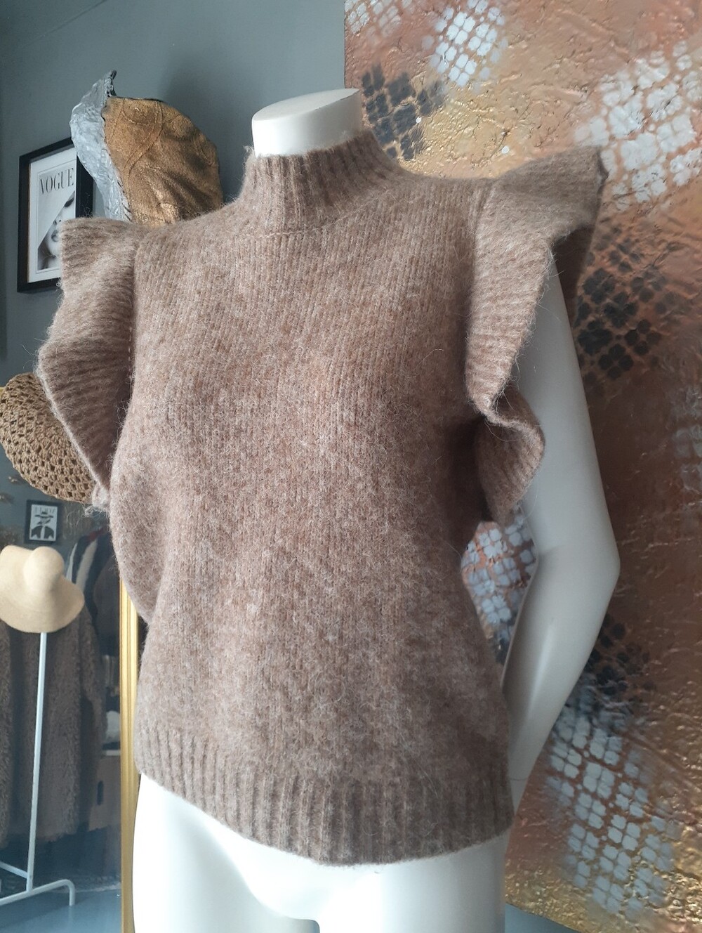Zara Nwt Ruffled Sleeve Knit Sweater Vest - Taupe Brown